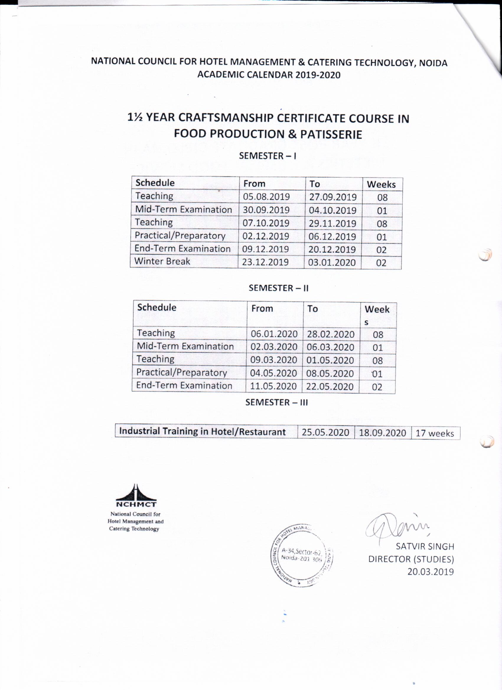 Academic Calendar IHM PUSA